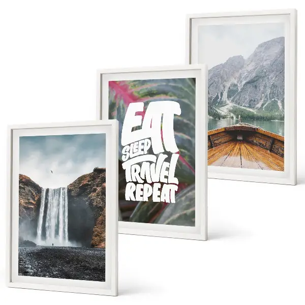 Bilder-Set Wasserfall Berge Natur Boot 3er-Set mit Rahmen