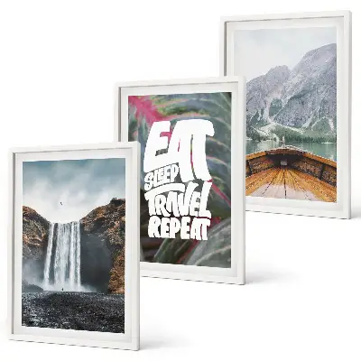 Bilder-Set Wasserfall Berge Natur Boot 3er-Set mit Rahmen