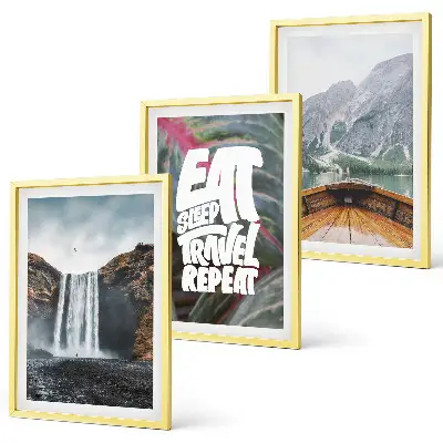 Bilder-Set Wasserfall Berge Natur Boot 3er-Set mit Rahmen