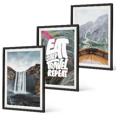 Bilder-Set Wasserfall Berge Natur Boot 3er-Set mit Rahmen