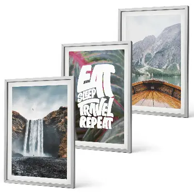 Bilder-Set Wasserfall Berge Natur Boot 3er-Set mit Rahmen