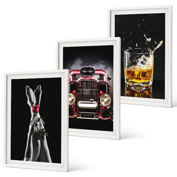 Gerahmtes bilderset Frauenbeine Rosenauto Whisky