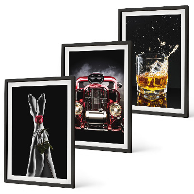 Gerahmtes bilderset Frauenbeine Rosenauto Whisky