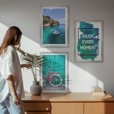 Gerahmtes bilderset Inspiration für ein Fahrrad mit Seeboot