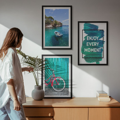 Gerahmtes bilderset Inspiration für ein Fahrrad mit Seeboot