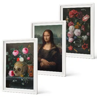 Blumenschädel-Porträt Mona Lisa 3er-Set Wandbilder mit Rahmen