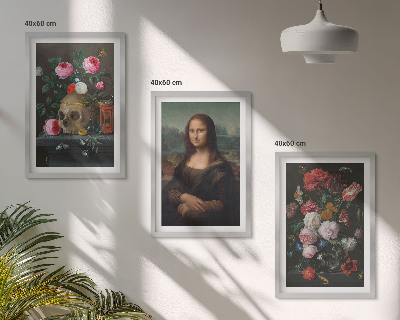 Bilder-3er-set mit rahmen Blumenschädel-Porträt Mona Lisa