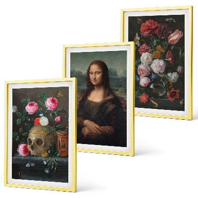Bilder-3er-set mit rahmen Blumenschädel-Porträt Mona Lisa
