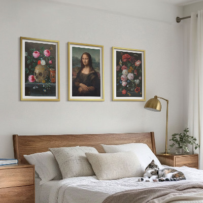Bilder-3er-set mit rahmen Blumenschädel-Porträt Mona Lisa