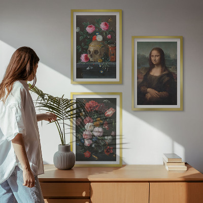 Bilder-3er-set mit rahmen Blumenschädel-Porträt Mona Lisa