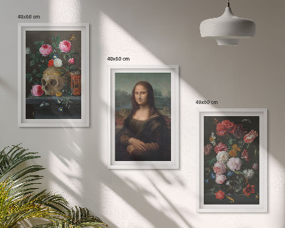 Bilder-3er-set mit rahmen Blumenschädel-Porträt Mona Lisa