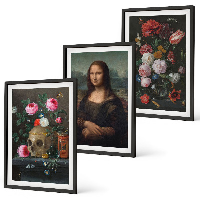 Bilder-3er-set mit rahmen Blumenschädel-Porträt Mona Lisa