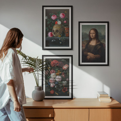 Bilder-3er-set mit rahmen Blumenschädel-Porträt Mona Lisa