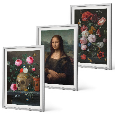 Bilder-3er-set mit rahmen Blumenschädel-Porträt Mona Lisa
