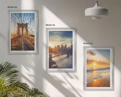 Gerahmtes Bilderset mit Motiven von Brücken, Sonnenuntergängen und Städten