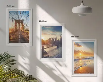 Gerahmtes Bilderset mit Motiven von Brücken, Sonnenuntergängen und Städten