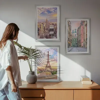 3er-Set Bilder mit Rahmen Motiv Städte New York Paris Dämmerung