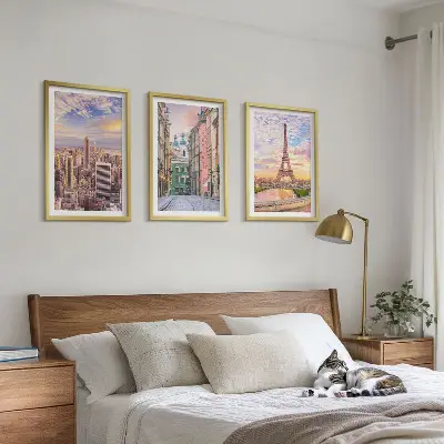 3er-Set Bilder mit Rahmen Motiv Städte New York Paris Dämmerung