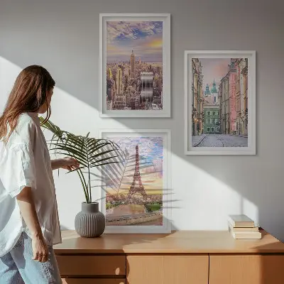 3er-Set Bilder mit Rahmen Motiv Städte New York Paris Dämmerung