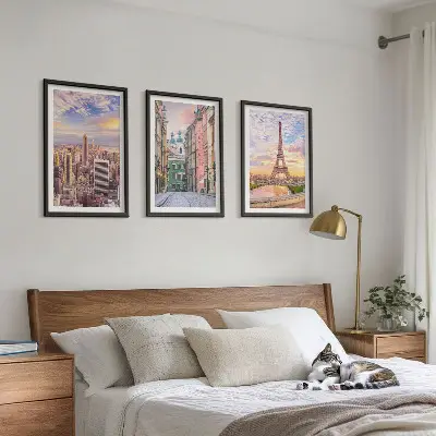 3er-Set Bilder mit Rahmen Motiv Städte New York Paris Dämmerung
