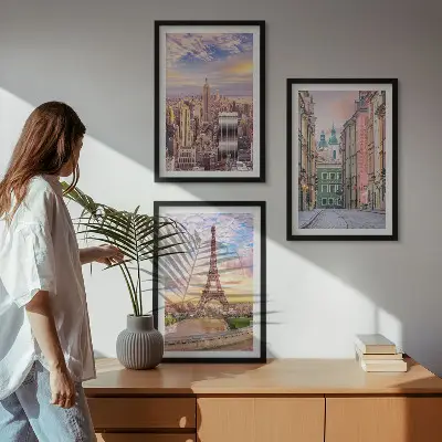 3er-Set Bilder mit Rahmen Motiv Städte New York Paris Dämmerung