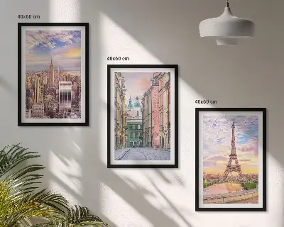 3er-Set Bilder mit Rahmen Motiv Städte New York Paris Dämmerung