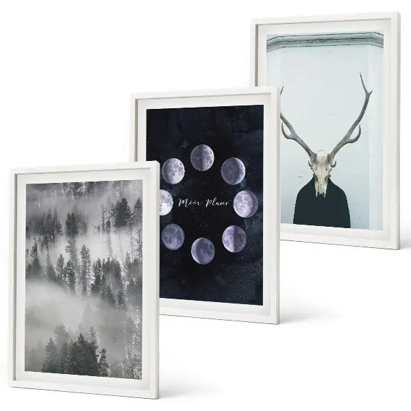 3er-Set Wandbilder mit Rahmen Waldlandschaft mit Nebel, Mond und Hirschschädel