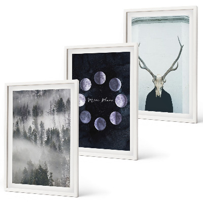 Bilder-3er-set mit rahmen Waldlandschaft, Nebel, Mond, Hirschschädel
