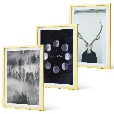 3er-Set Wandbilder mit Rahmen Waldlandschaft mit Nebel, Mond und Hirschschädel