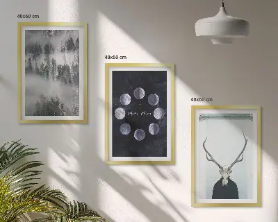 3er-Set Wandbilder mit Rahmen Waldlandschaft mit Nebel, Mond und Hirschschädel
