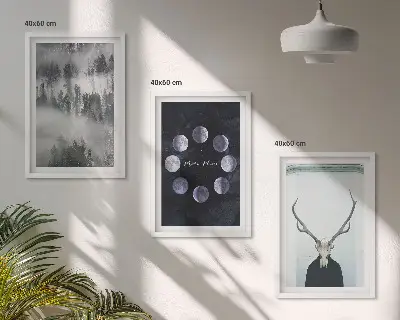 3er-Set Wandbilder mit Rahmen Waldlandschaft mit Nebel, Mond und Hirschschädel