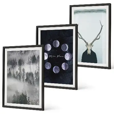 3er-Set Wandbilder mit Rahmen Waldlandschaft mit Nebel, Mond und Hirschschädel