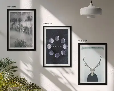 3er-Set Wandbilder mit Rahmen Waldlandschaft mit Nebel, Mond und Hirschschädel