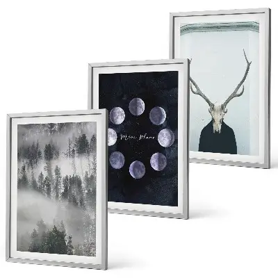 3er-Set Wandbilder mit Rahmen Waldlandschaft mit Nebel, Mond und Hirschschädel