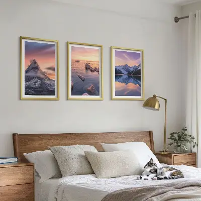 Bilder-3er-Set mit Rahmen Berglandschaft mit See im Westen