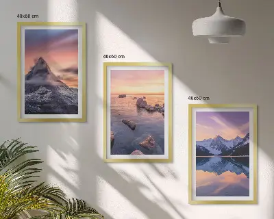 Bilder-3er-Set mit Rahmen Berglandschaft mit See im Westen