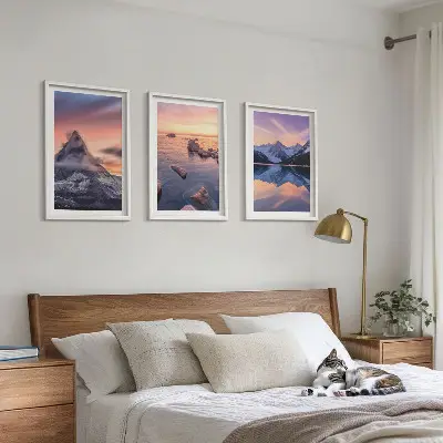 Bilder-3er-Set mit Rahmen Berglandschaft mit See im Westen