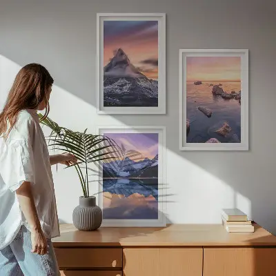 Bilder-3er-Set mit Rahmen Berglandschaft mit See im Westen