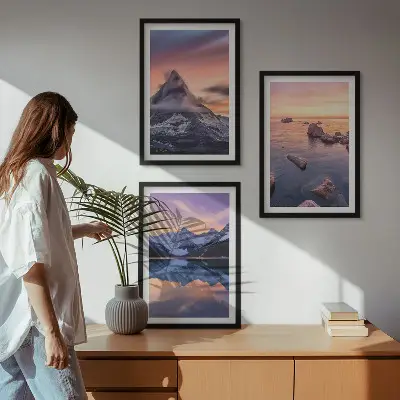 Bilder-3er-Set mit Rahmen Berglandschaft mit See im Westen