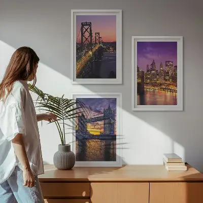 Gerahmtes Bilderset mit Brücken, Sonne und Stadtblick
