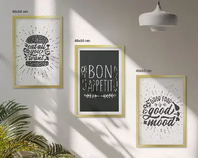Gerahmtes Bilderset mit Grafiken von Lebensmitteln und kulinarischen Slogans