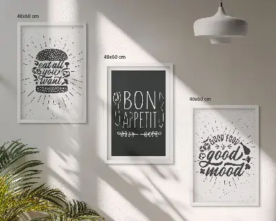 Gerahmtes Bilderset mit Grafiken von Lebensmitteln und kulinarischen Slogans
