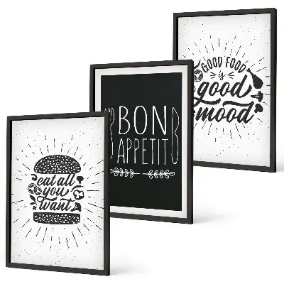 Gerahmtes Bilderset mit Grafiken von Lebensmitteln und kulinarischen Slogans