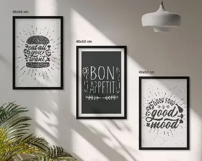 Gerahmtes Bilderset mit Grafiken von Lebensmitteln und kulinarischen Slogans