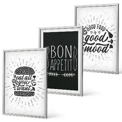 Gerahmtes Bilderset mit Grafiken von Lebensmitteln und kulinarischen Slogans