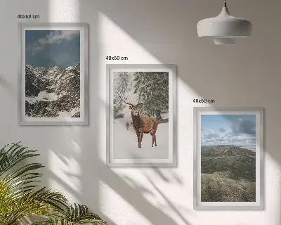 Gerahmtes Bilderset mit Bergen, Schnee, Hirschen und Waldlandschaft