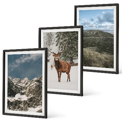 Gerahmtes bilderset Berge, Schnee, Hirsche, Waldlandschaft