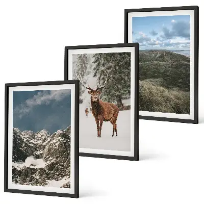 Gerahmtes Bilderset mit Bergen, Schnee, Hirschen und Waldlandschaft