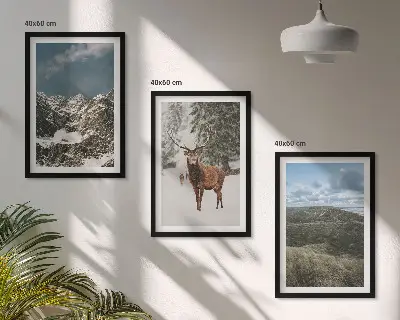 Gerahmtes Bilderset mit Bergen, Schnee, Hirschen und Waldlandschaft
