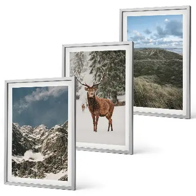 Gerahmtes Bilderset mit Bergen, Schnee, Hirschen und Waldlandschaft